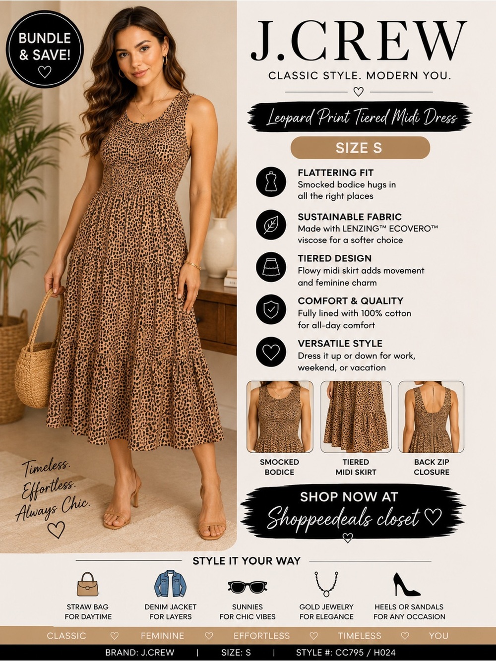 J.Crew Leopard Print Smocked Tiered Midi Dress